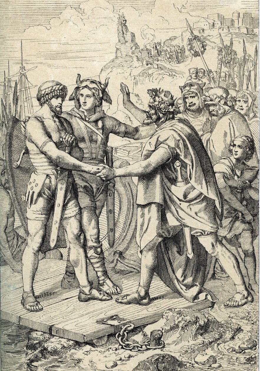 Landung von Hengest und Horsa, Figuren der angelsächsischen Legende, die die beiden als germanische Brüder darstellen, die die Angeln, Sachsen und Jüten anführten, die im 5. Jahrhundert die ersten Gebiete Britanniens eroberten von Peter Johann Nepomuck Geiger