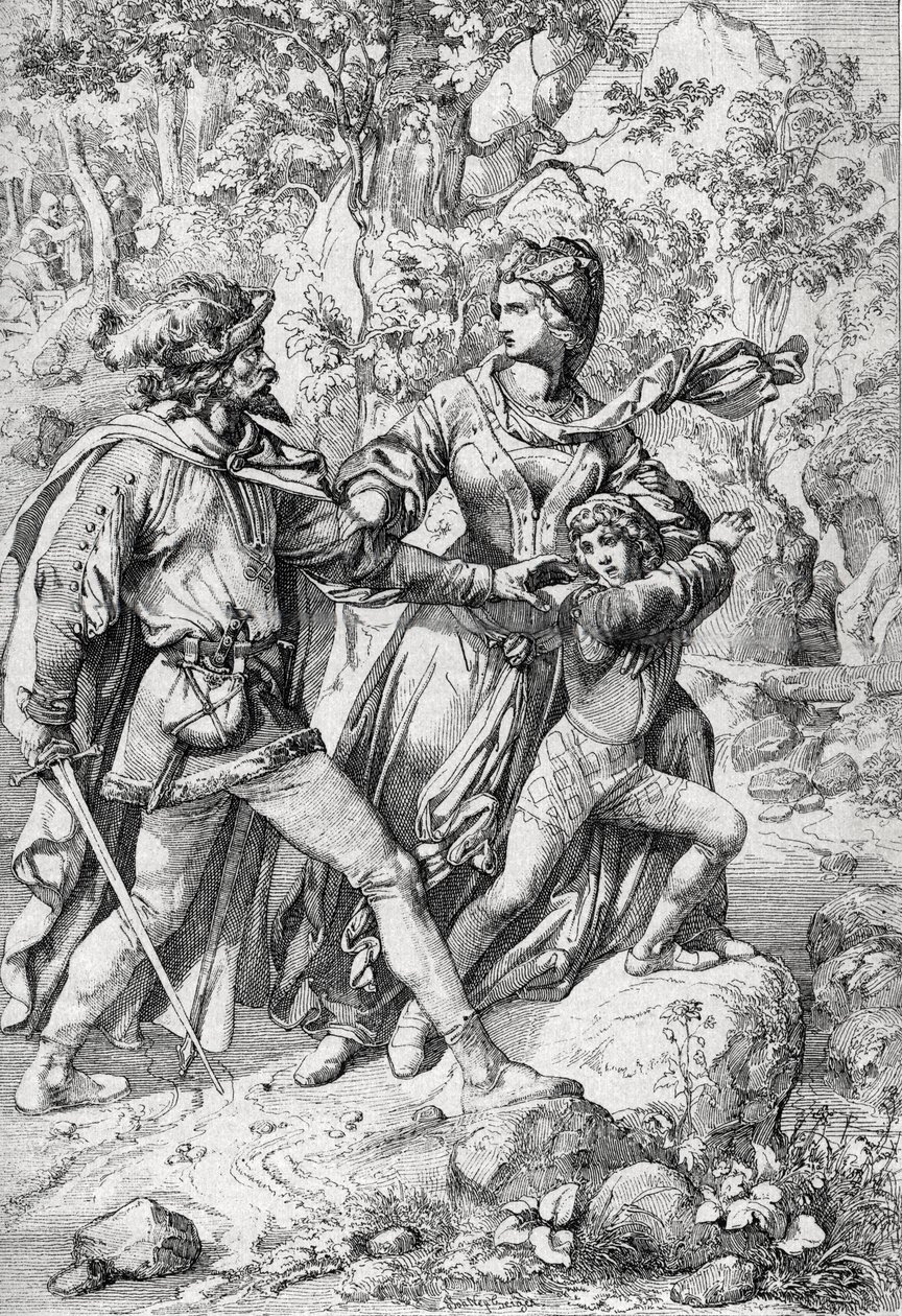Königin von England Margaret von Anjou (1430-1482) und ihr Sohn Edward werden während ihrer Flucht nach dem Triumph der Yorkisten von einem Räuber gerettet von Peter Johann Nepomuck Geiger
