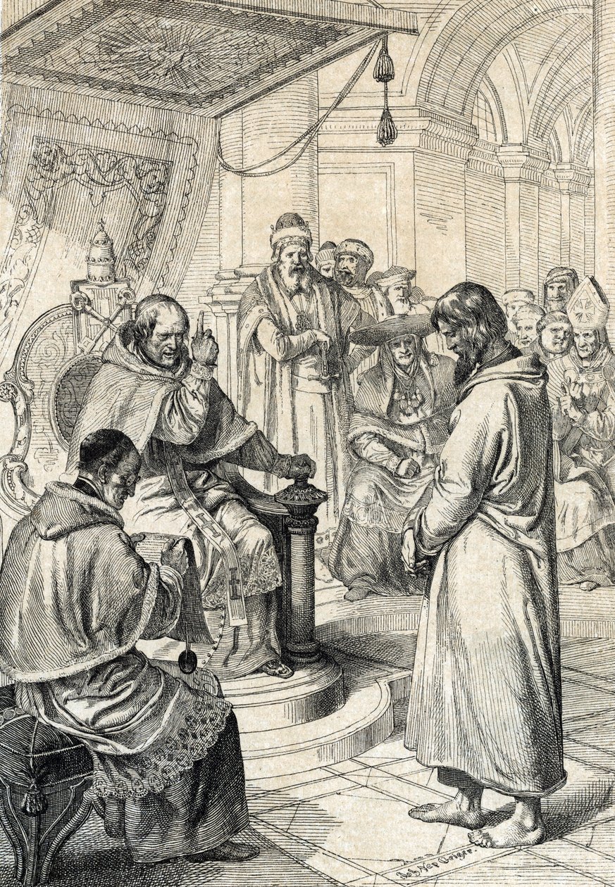 Querelle der Investituren, Buße von Canossa: In Canossa bittet Kaiser Heinrich IV. des Heiligen Römischen Reiches (1050-1106) in Büßergewand um Vergebung von Papst Gregor VII. (Hildebrand: 1015/20-1085) im Januar 1077 von Peter Johann Nepomuck Geiger