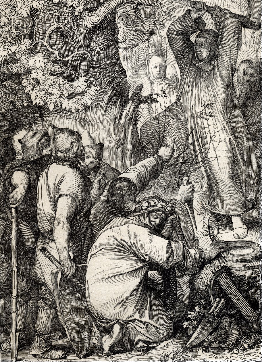 Darstellung von Bonifatius von Mainz (680-754), der die Eiche Thors fällt, um die Druiden zu überzeugen, dass es kein heiliger Baum ist von Peter Johann Nepomuck Geiger