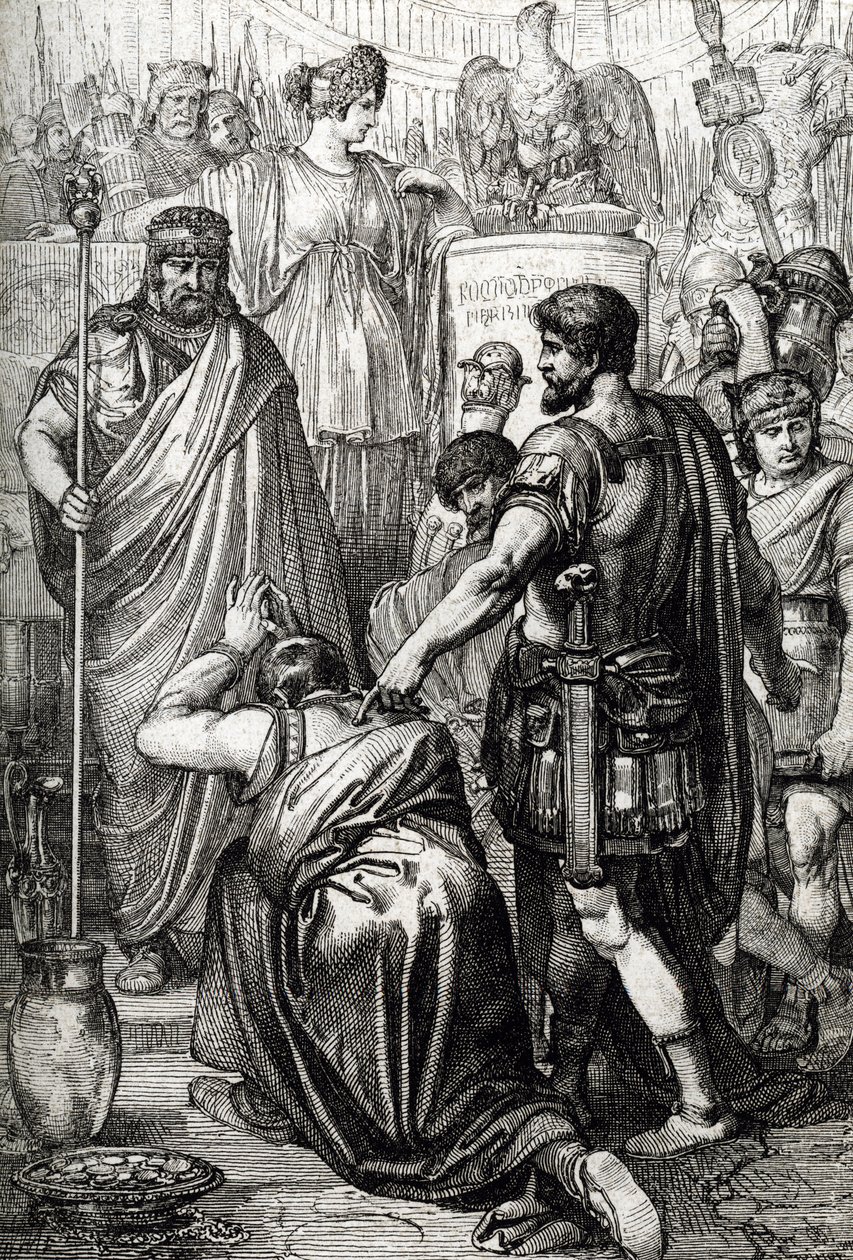 Vandalenkrieg: Die Kapitulation des Vandalenkönigs Gelimer vor dem byzantinischen General Belisarius (500-565) im März 534, Karthago, Afrika von Peter Johann Nepomuck Geiger