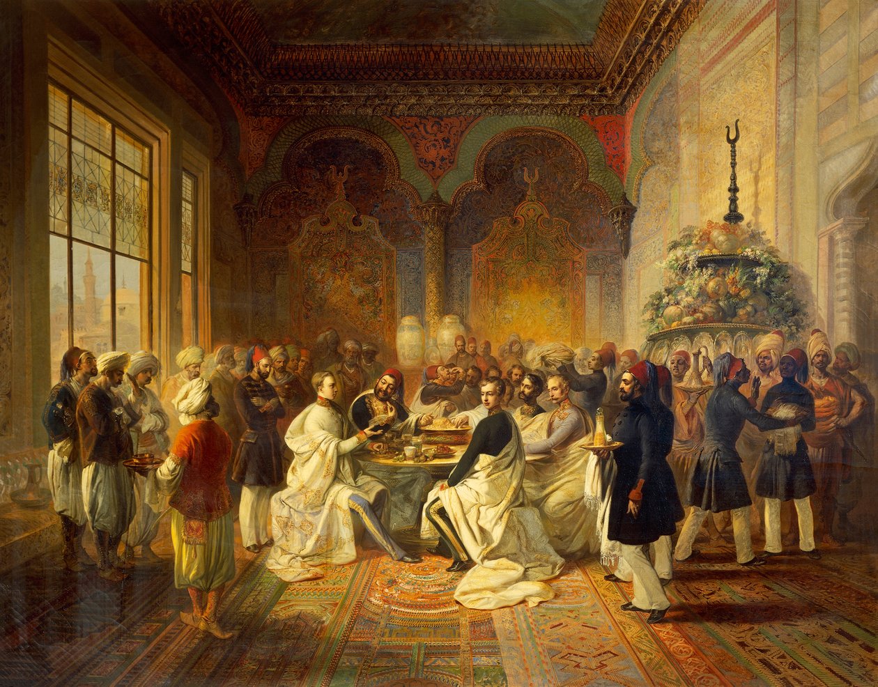 Mittagessen in Smyrna von Halim Pascha, Illustration aus Die Reise von Maximilian von Habsburg und seinem Bruder Karl Ludwig im Mittelmeer, von Peter Johann Nepomuk Geiger von Peter Johann Nepomuk Geiger