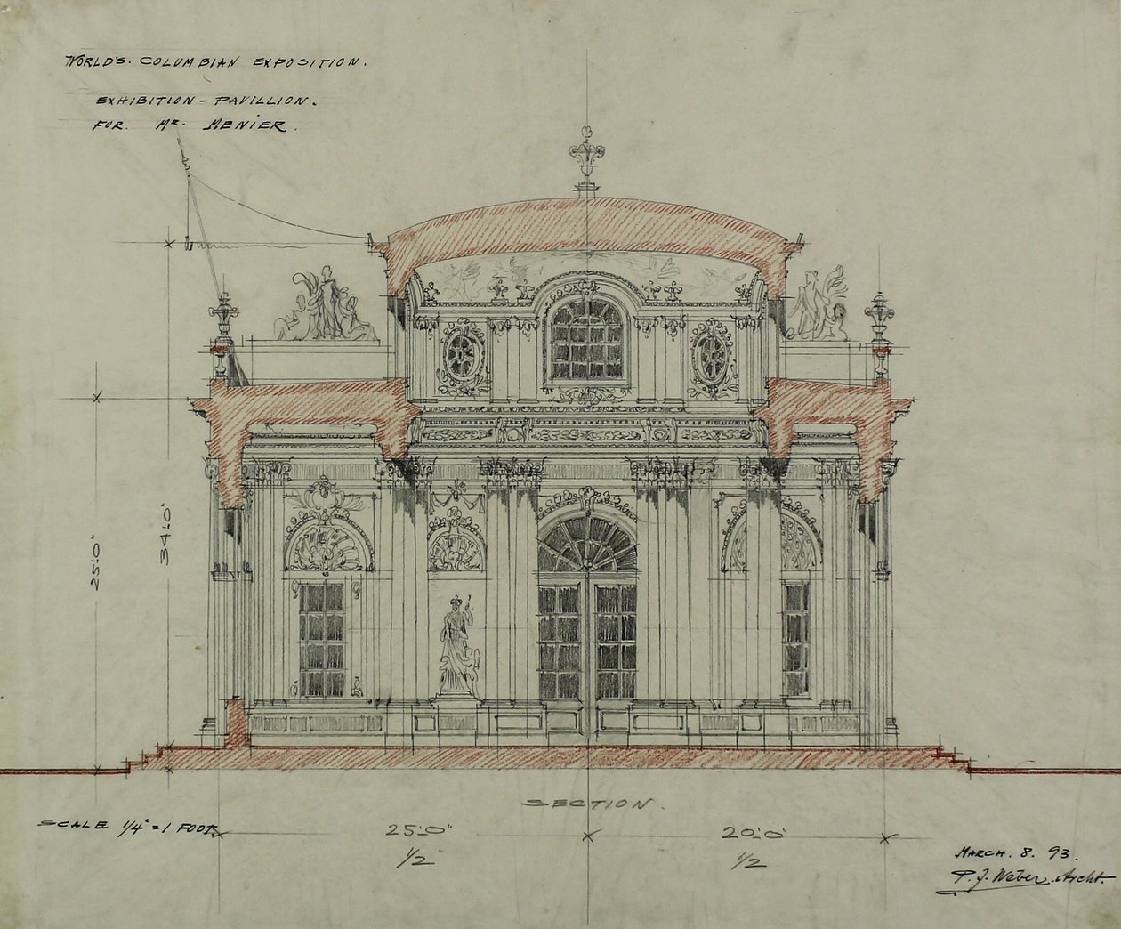 Chocolate-Menier Pavillon, Weltausstellung in Chicago, Illinois, Abschnittsskizze von Peter Joseph Weber