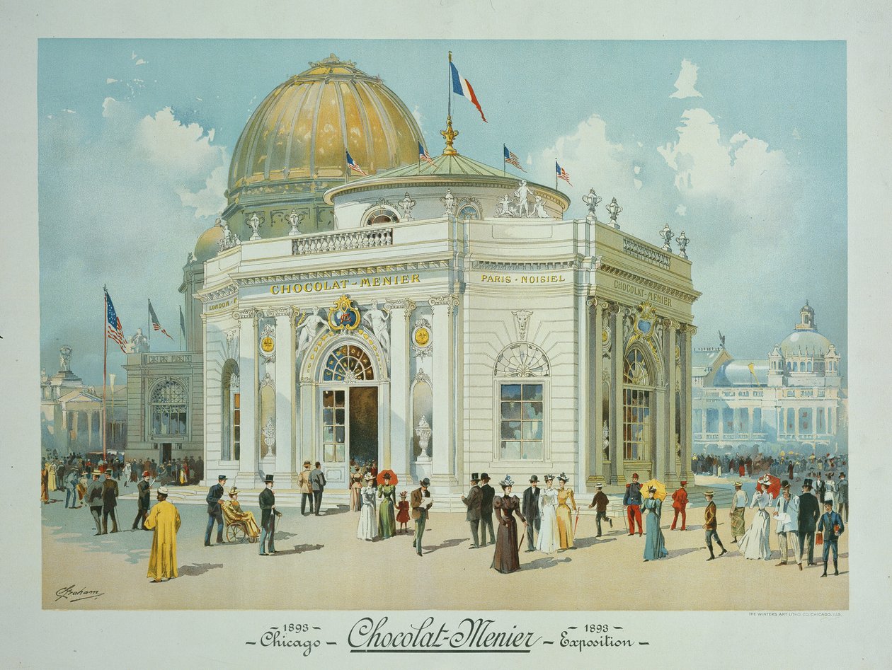 Chocolate-Menier Pavillon, Weltausstellung, Chicago, Illinois, Perspektivische Ansicht, 1893 von Peter Joseph Weber