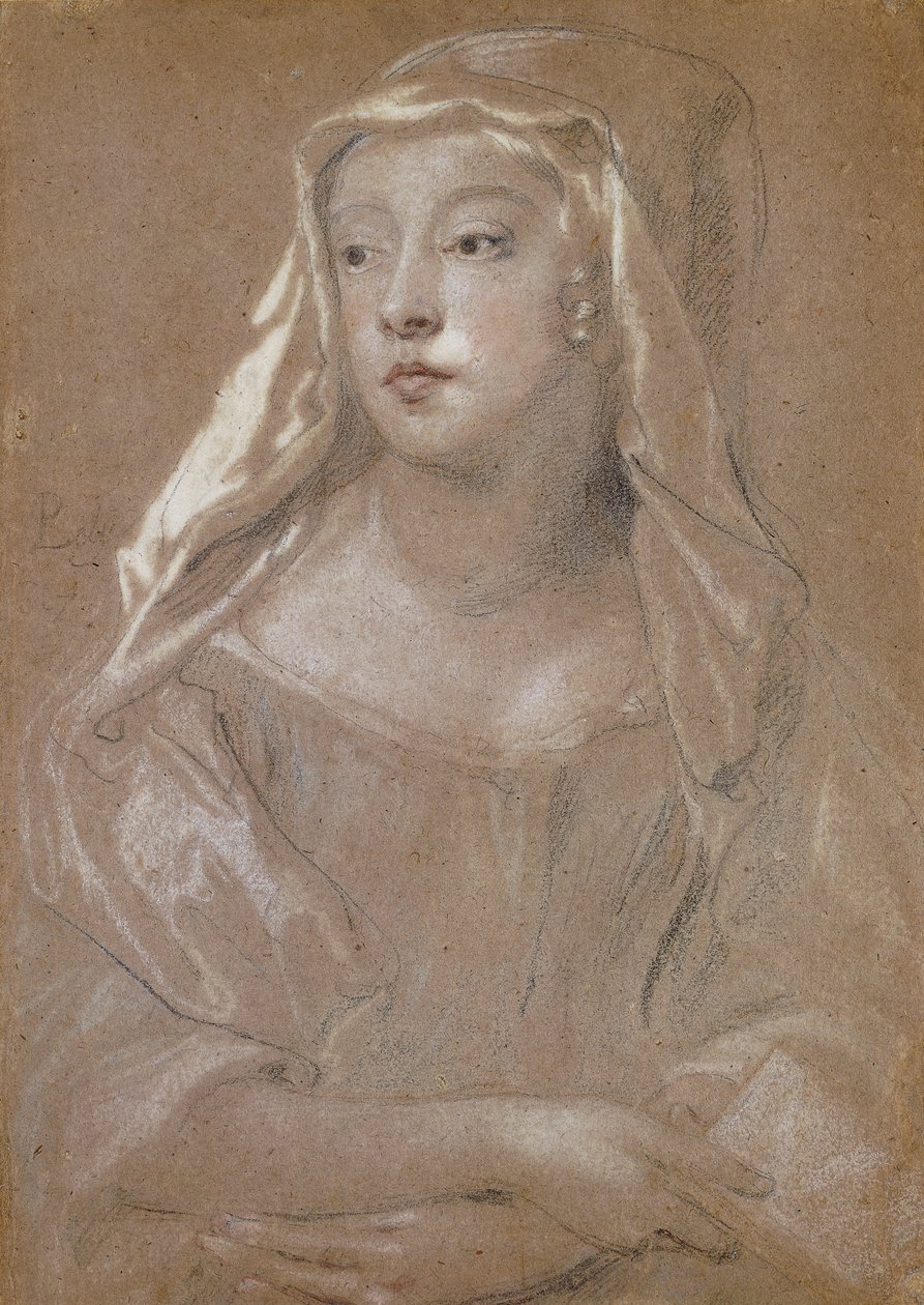 Porträt einer jungen Dame, traditionell identifiziert als Sarah Jennings, Herzogin von Marlborough, halbe Länge, ein Buch haltend, ihre Hände auf ihrem Schoß gekreuzt, ihr Kopfschmuck auf ihre Schultern drapiert, 1667 von Peter Lely