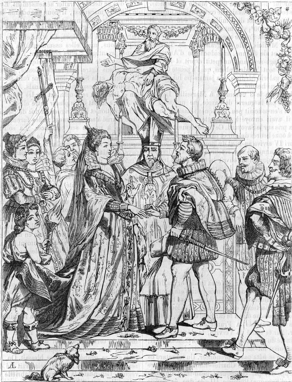 Heirat per Stellvertreter von Marie de Medici (1576-1642) mit Heinrich IV. in Florenz, 5. Oktober 1600. Gravur von Peter Paul Rubens (1577-1640). von Peter Paul (after) Rubens