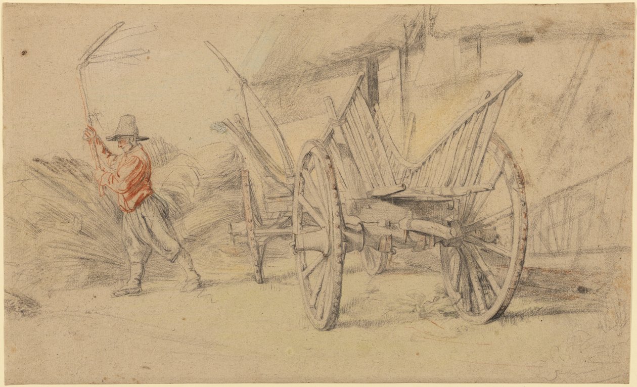 Ein Mann beim Dreschen neben einem Wagen, Farmgebäude dahinter von Peter Paul Rubens