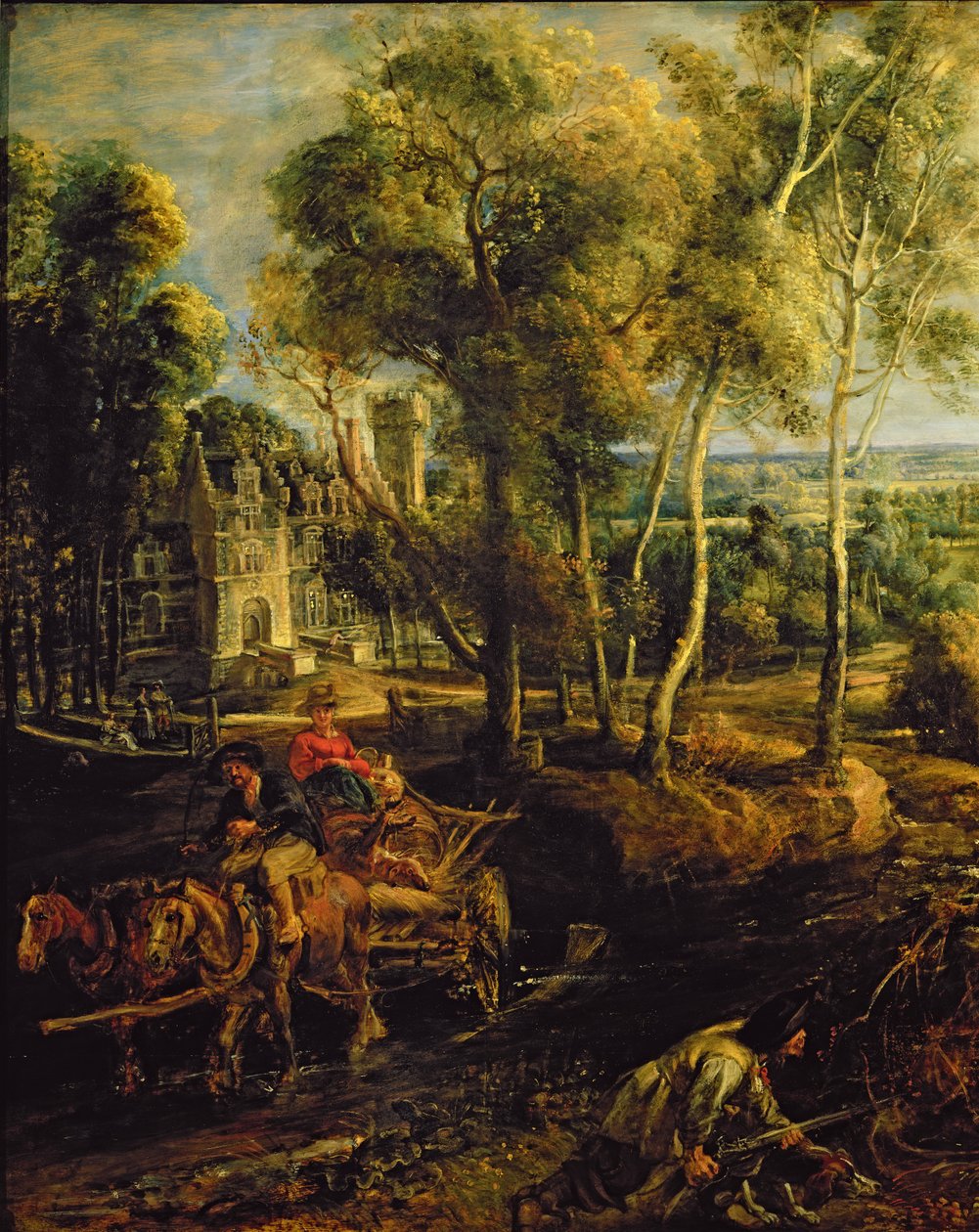 Herbstlandschaft mit Blick auf Het Steen am frühen Morgen (Detail) von Peter Paul Rubens