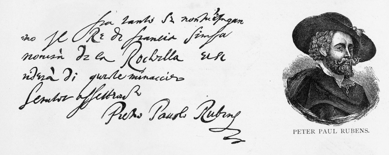 Handschrift und Unterschrift von Rubens aus einem Brief in Italienisch über die Niederlage der englischen Marine bei der Belagerung von La Rochelle, geschrieben aus Antwerpen, 30. Dezember 1627 von Peter Paul Rubens