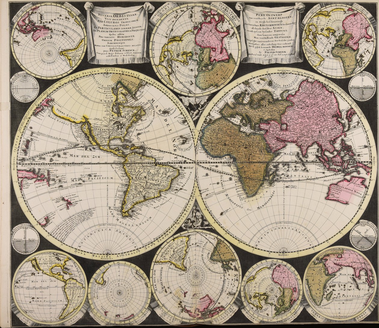 Diversa orbis Terrae visu incedente per coluros Tropicorum ambos ejus polos et particularis sphaerae zenith in planum orthographica projectio quibus additae pro variato horizonte omnium positiones eorumdemque mutua cum circulis caelestibus relatio = Plat O von Peter Schenk the Elder