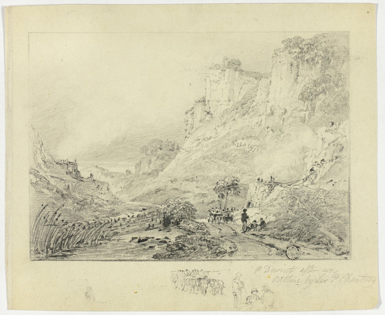 Figuren und Pferdekarren in Landschaft mit Klippen von Peter de Wint