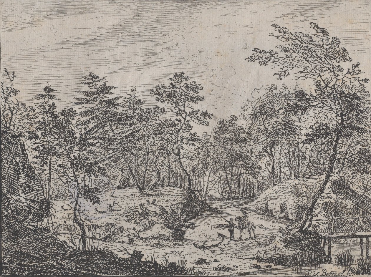 Waldlandschaft mit einem Reiter, der mit einem Mann in der Mitte spricht, eine Fußbrücke rechts von Peter von Bemmel