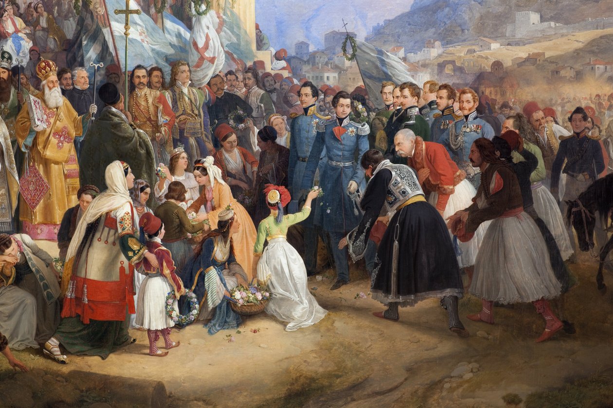 Der Einzug von König Othon I. von Griechenland in Athen, begrüßt von der Menge vor dem Tempel des Hephaistos (Hephaisteion) oder Theseion auf der Agora von Peter von Hess