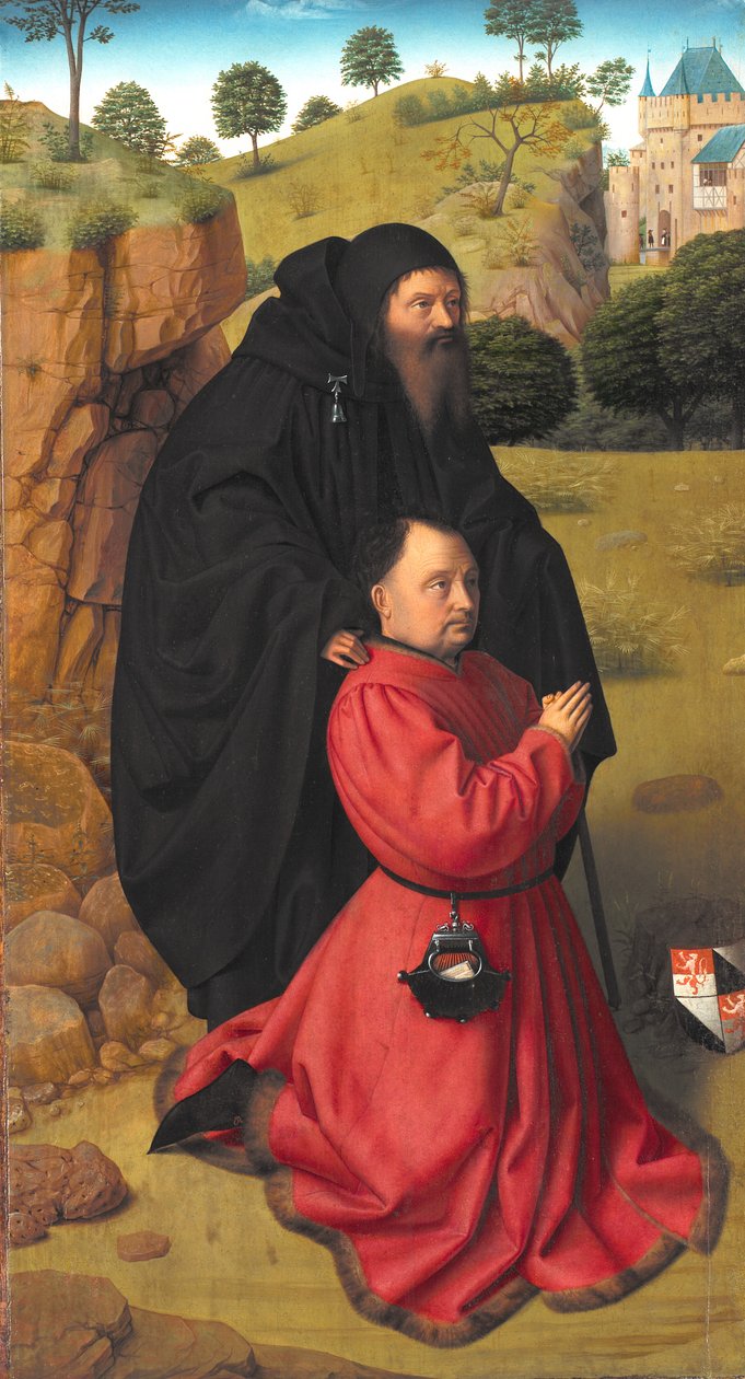 Altarbild mit einem Porträt eines Spenders in Scharlach unter dem Schutz von St. Antonius von Petrus I Christus
