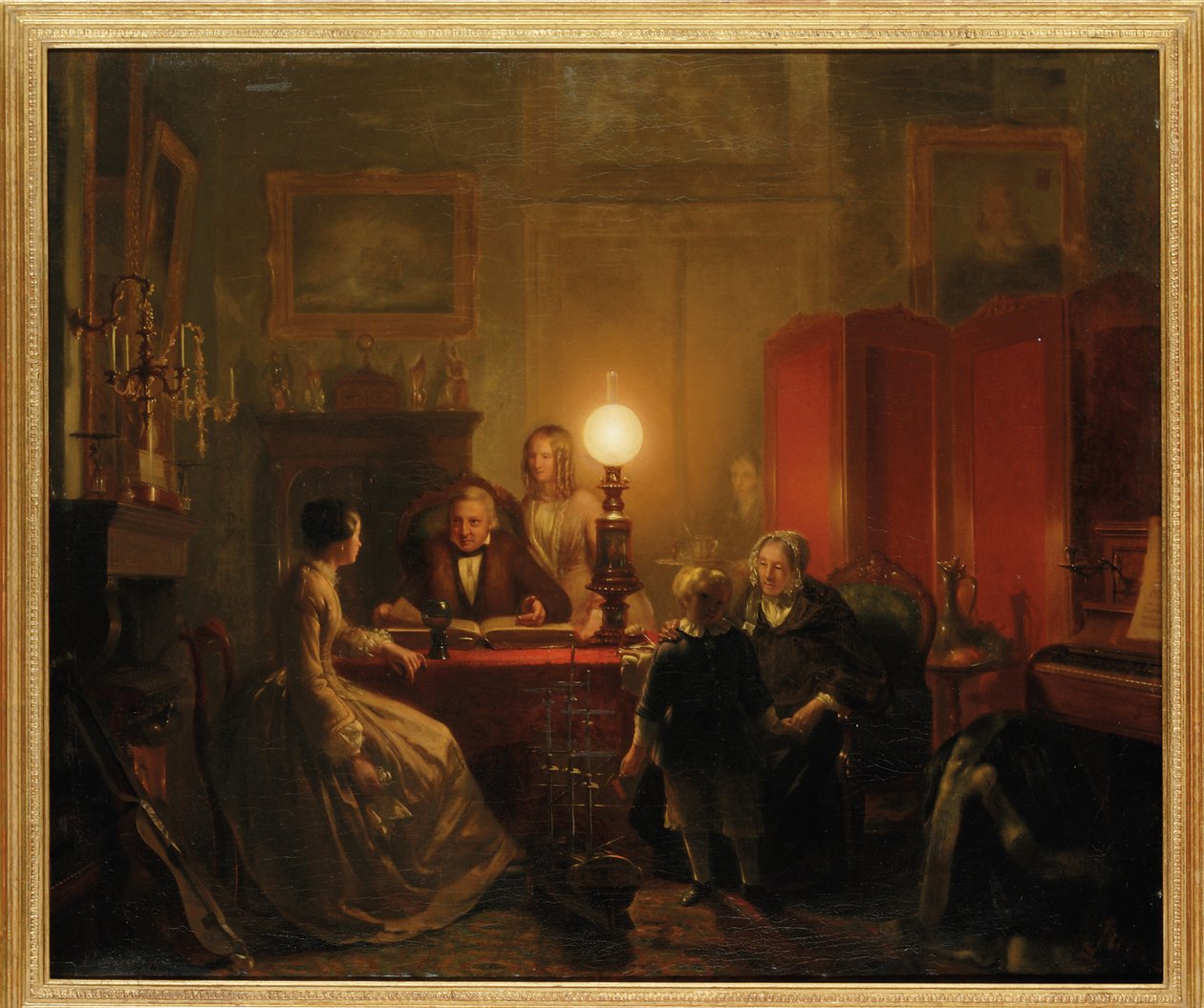 Eine Familie versammelt sich um einen beleuchteten Tisch, 1854 von Petrus Kiers