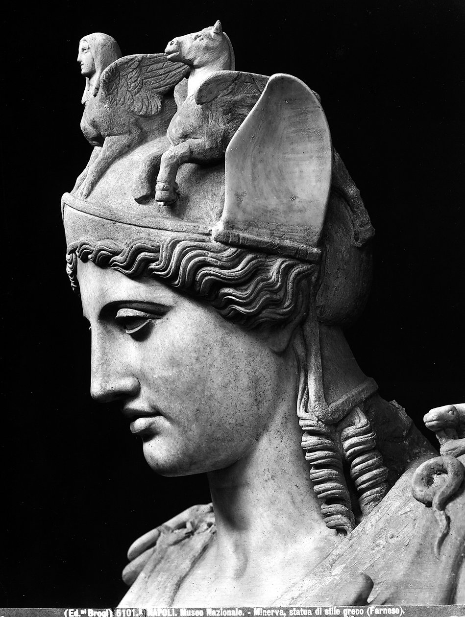 Detail des Gesichts der Athena Farnese, römische Kaiserzeitkopie einer Bronzestatue aus der Schule des Phidias (Detail) von Phidias (school of) (after)