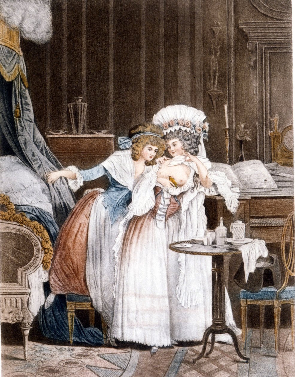 Debucourt. Der wiederbelebte Vogel. Eine Frau legt einen kranken kleinen Vogel unter ihre Brust, um ihn wiederzubeleben. Gravur von Philibert Louis Debucourt