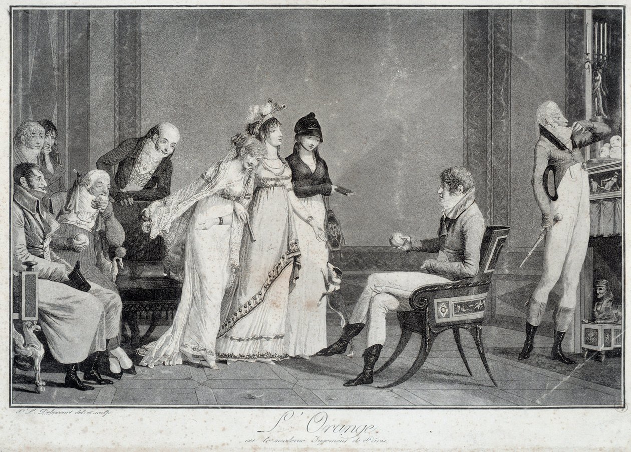 Die Orange oder das moderne Urteil des Paris Parodie des Urteils des Paris, inszeniert einen jungen Mann in der Mode des Directoire, der zwischen drei Wunderschönen wählt. Drucke von Philibert Louis Debucourt, um 1800 von Philibert Louis Debucourt