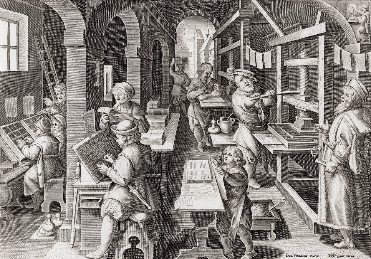 Eine europäische Druckerei um 1590 (Gravur) von Philip (after) Galle