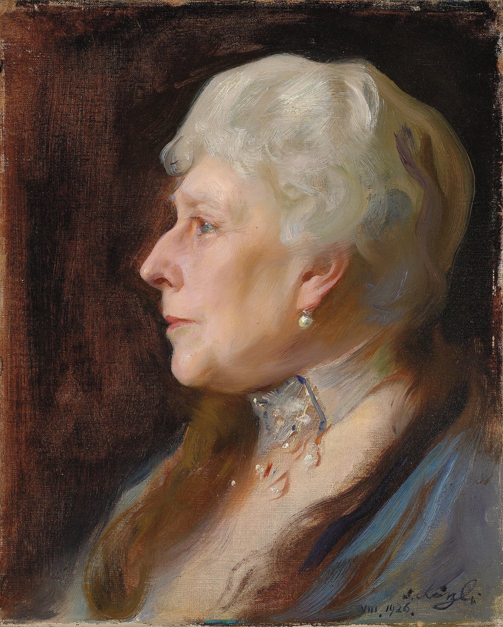 Porträt von Prinzessin Henry von Battenberg, geborene Prinzessin Beatrice von Großbritannien, im Profil nach links, mit Halsband und Ohrringen von Philip Alexius de Laszlo