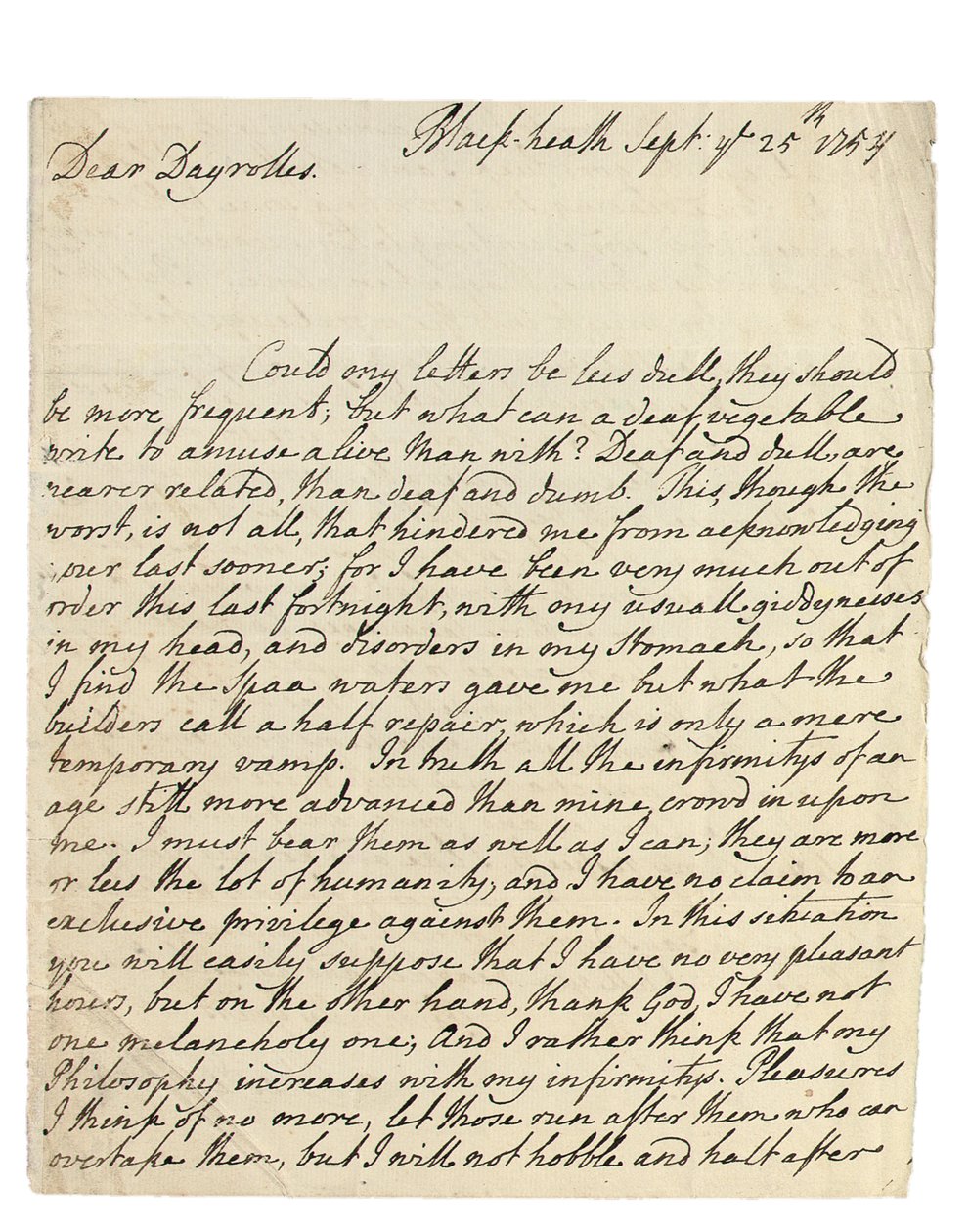 Autographenbrief an Solomon Dayrolles, Blackheath, 25. September 1754 von Philip Dormer Stanhope Chesterfield