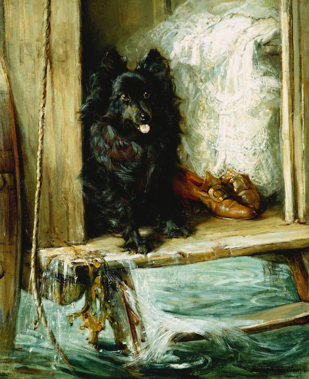 In Obhut gelassen - Ein schwarzer Pomeranian auf den Stufen einer Badeanstalt von Philip Eustace Stretton