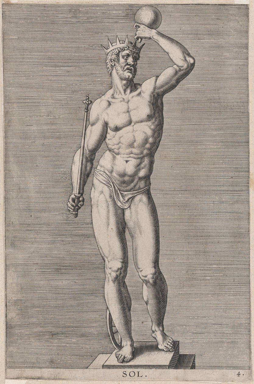 Platte 4: Apollo, Statue des nackten Gottes auf einem Sockel, mit einer Krone und einem... von Philip Galle