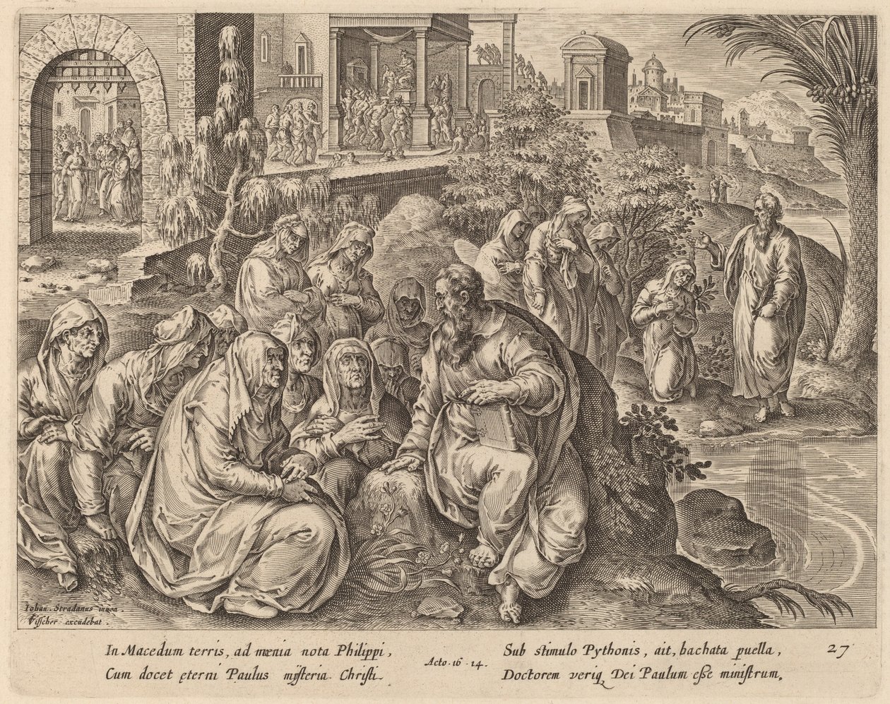Der heilige Paulus spricht zu den Frauen von Philippi an einem Fluss von Philip Galle after Jan van der Straet