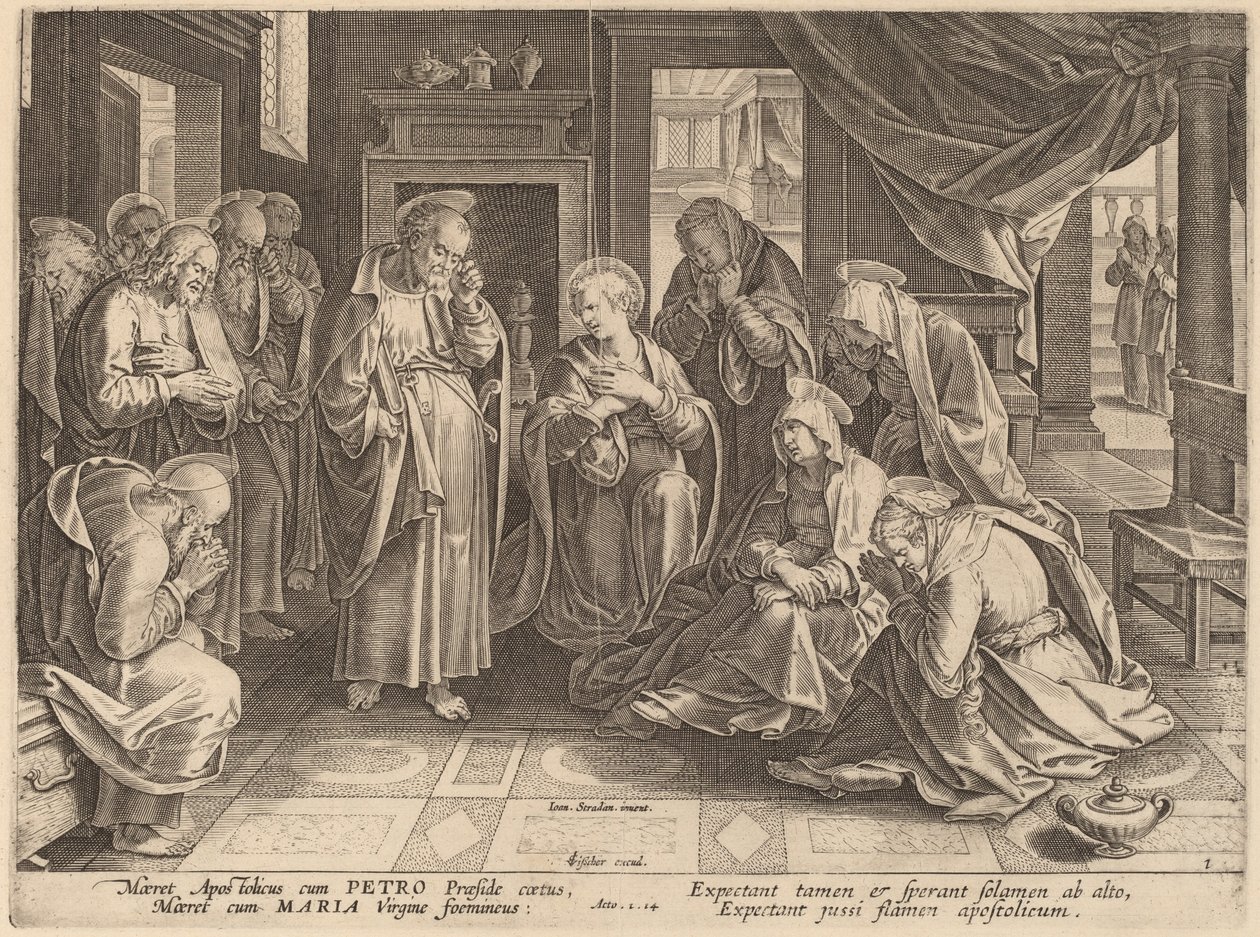 Das Treffen der Apostel und der Frauen im Obergemach von Philip Galle after Jan van der Straet