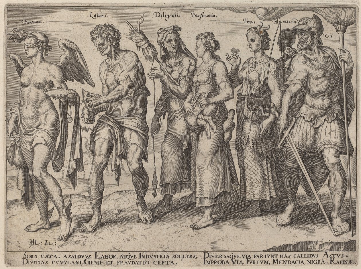 Fortuna, Arbeit, Fleiß, Sparsamkeit, Betrug (Ehrliche und unehrliche Wege, reich zu werden) von Philip Galle, after Maerten van Heemskerck