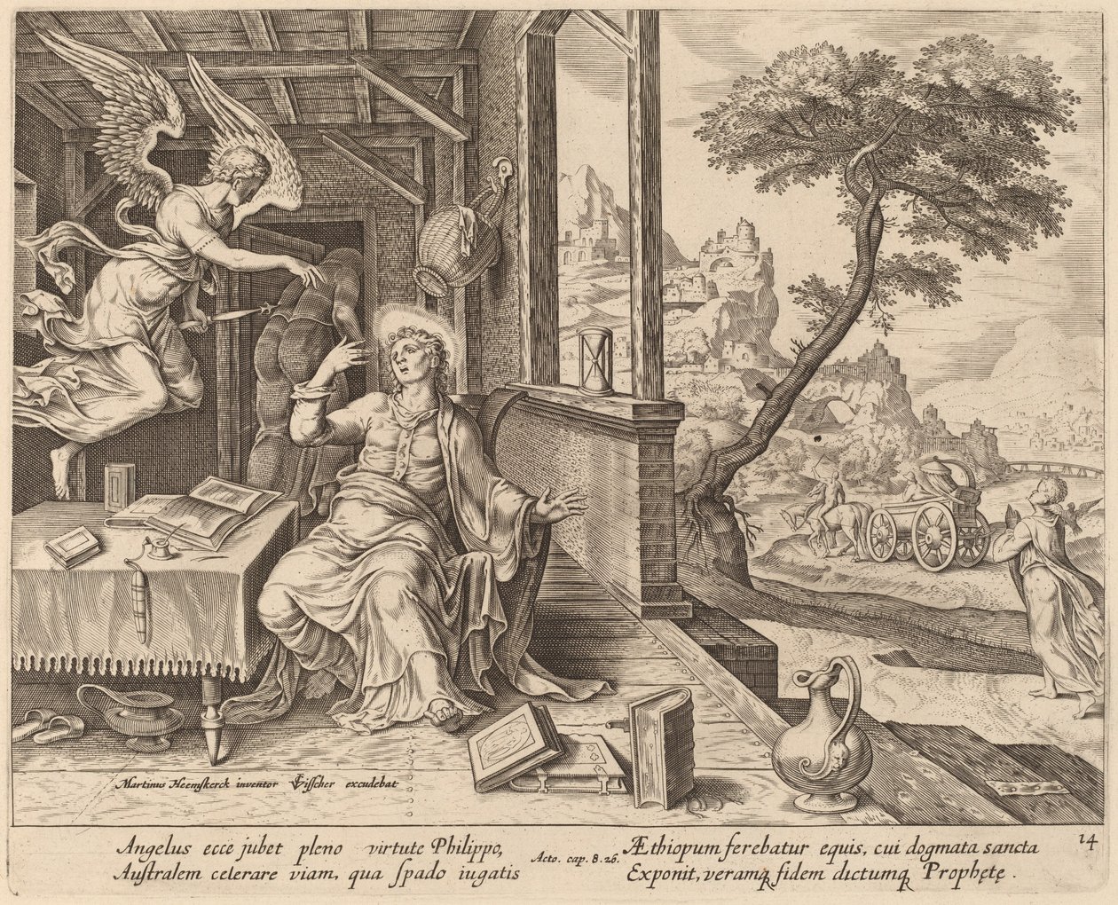 Der Engel befiehlt dem heiligen Philippus, den äthiopischen Eunuchen zu begleiten von Philip Galle after Maerten van Heemskerck