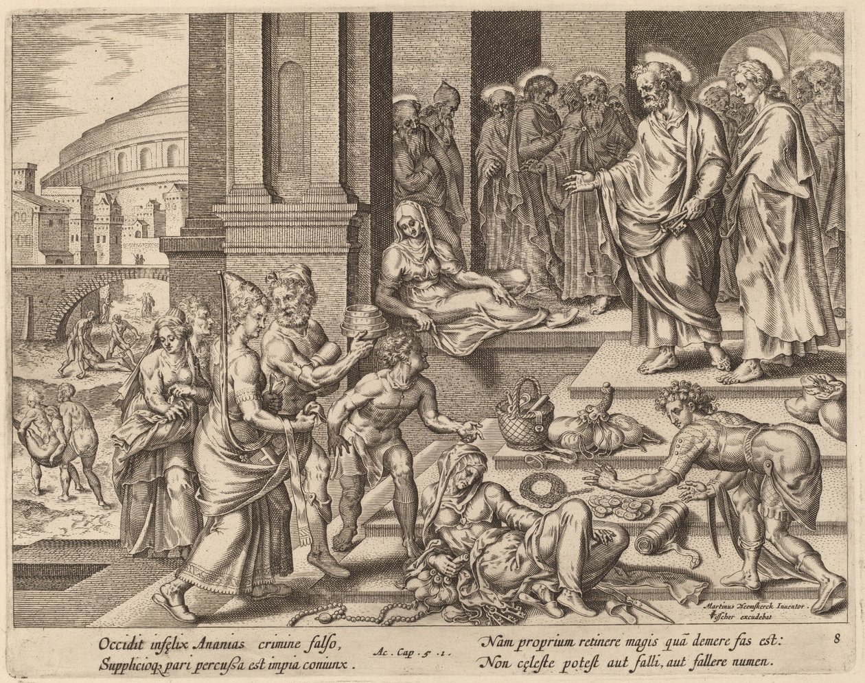 Die Tode von Ananias und Saphira von Philip Galle after Maerten van Heemskerck