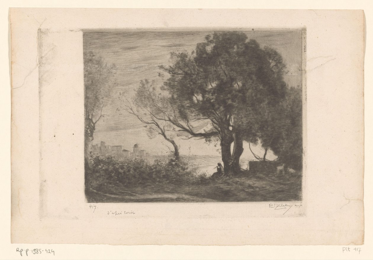 Landschaft mit Flötenspieler unter einem Baum und Silhouette einer Stadt von Philip Zilcken (signed by artist)