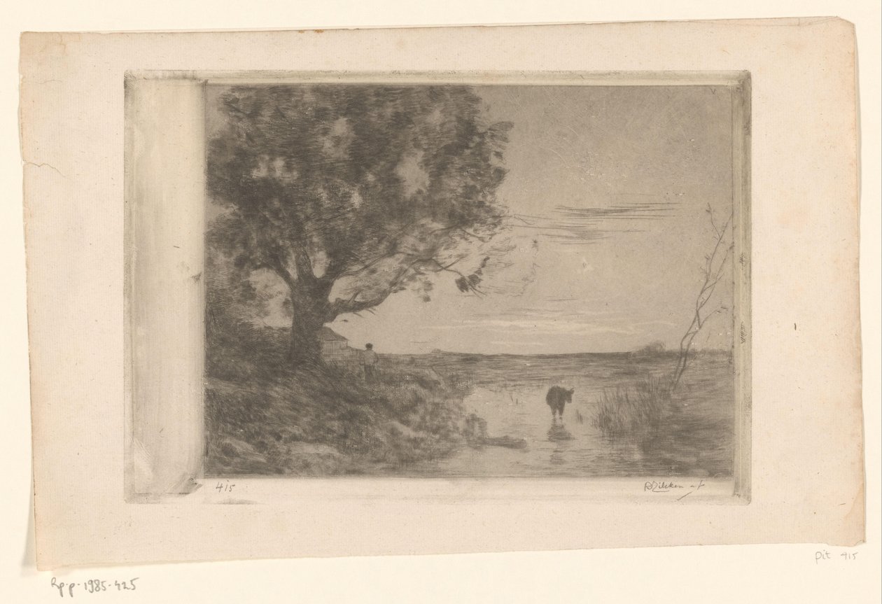 Landschaft mit Kalb im Wasser und Mann unter einem Baum von Philip Zilcken (signed by artist)
