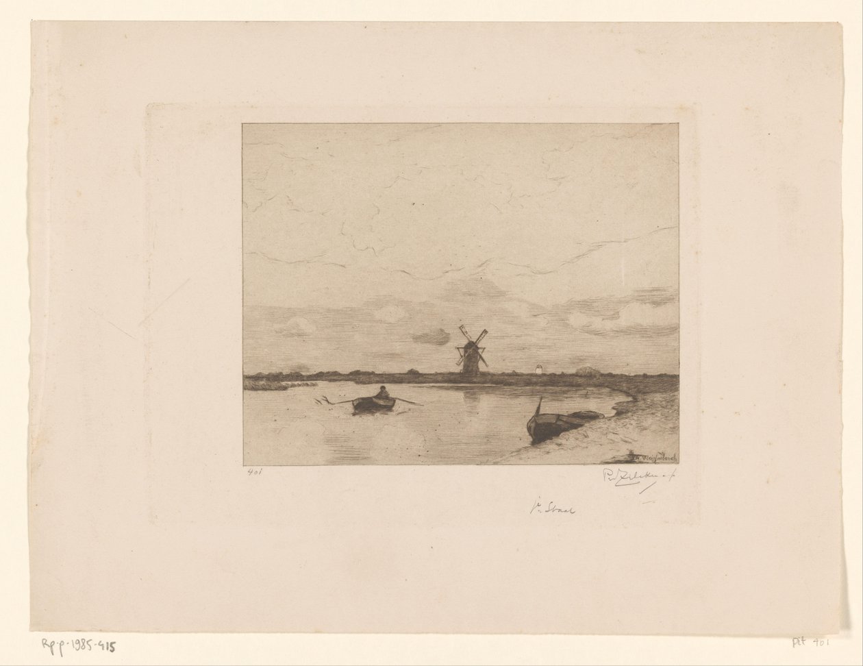 Kanal mit Ruderboot in einer Wiesenlandschaft mit Mühle von Philip Zilcken (signed by artist)