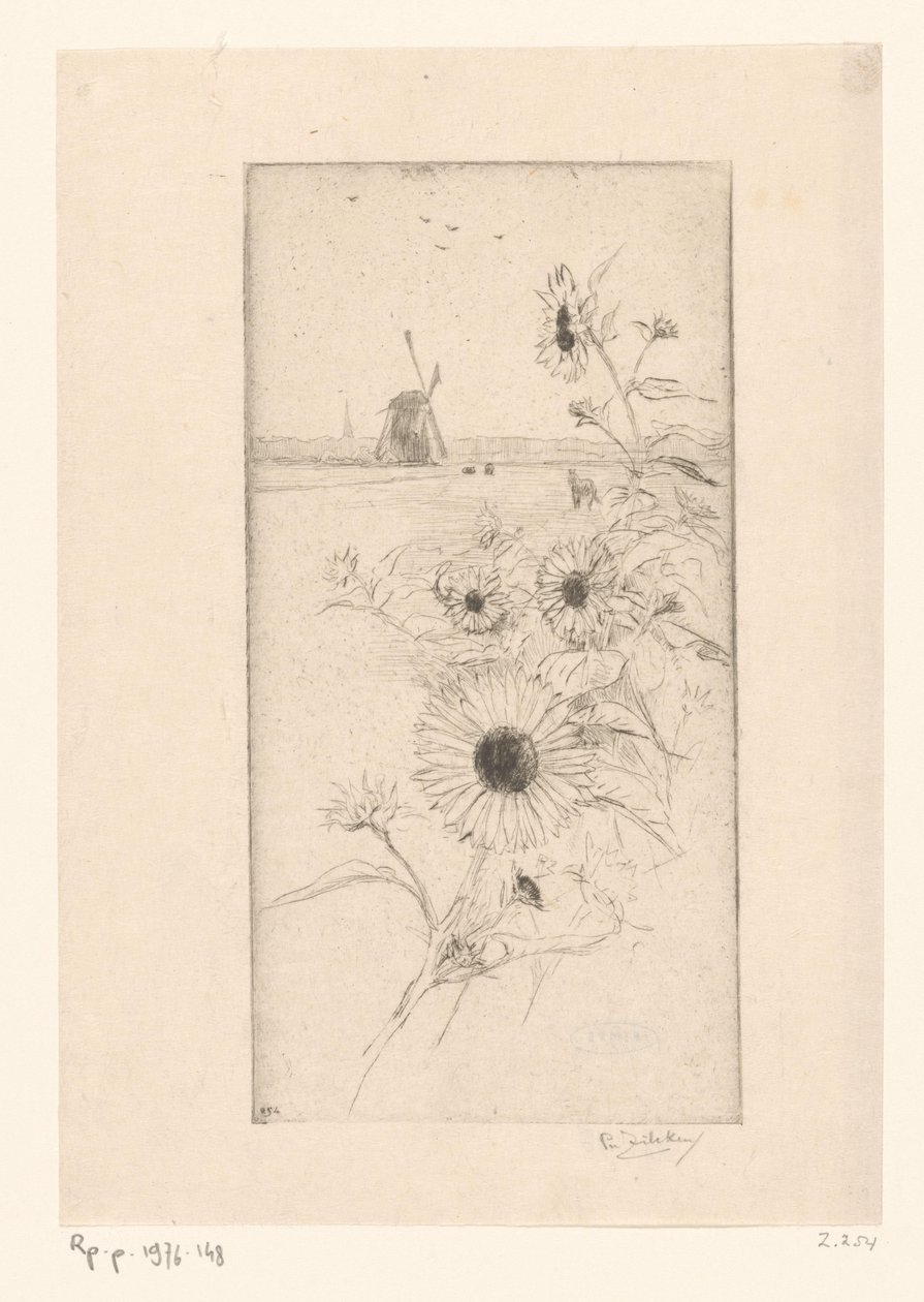 Sonnenblumen vor einer Weidelandschaft mit Pferden und Mühle von Philip Zilcken (signed by artist)