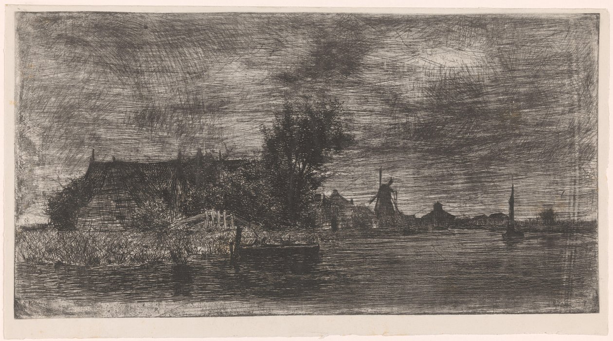 Landschaft mit Häusern und Mühle am Wasser von Philip Zilcken