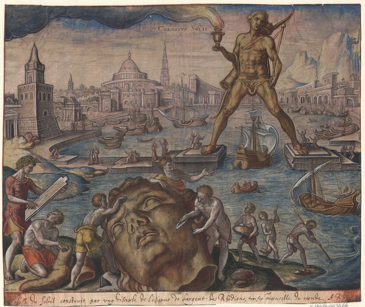 Der Koloss von Rhodos aus der Serie Die achten Weltwunder nach Maarten van Heemskerck, 1572 von Philipp Galle