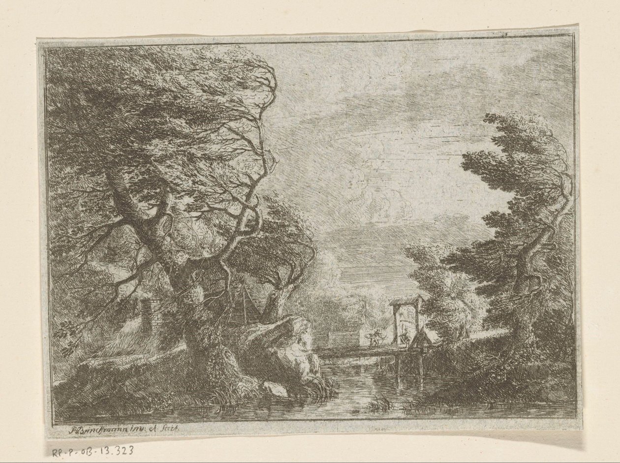 Stürmische Landschaft mit Bäumen neben einer Brücke über einen Fluss von Philipp Hieronymus Brinckmann