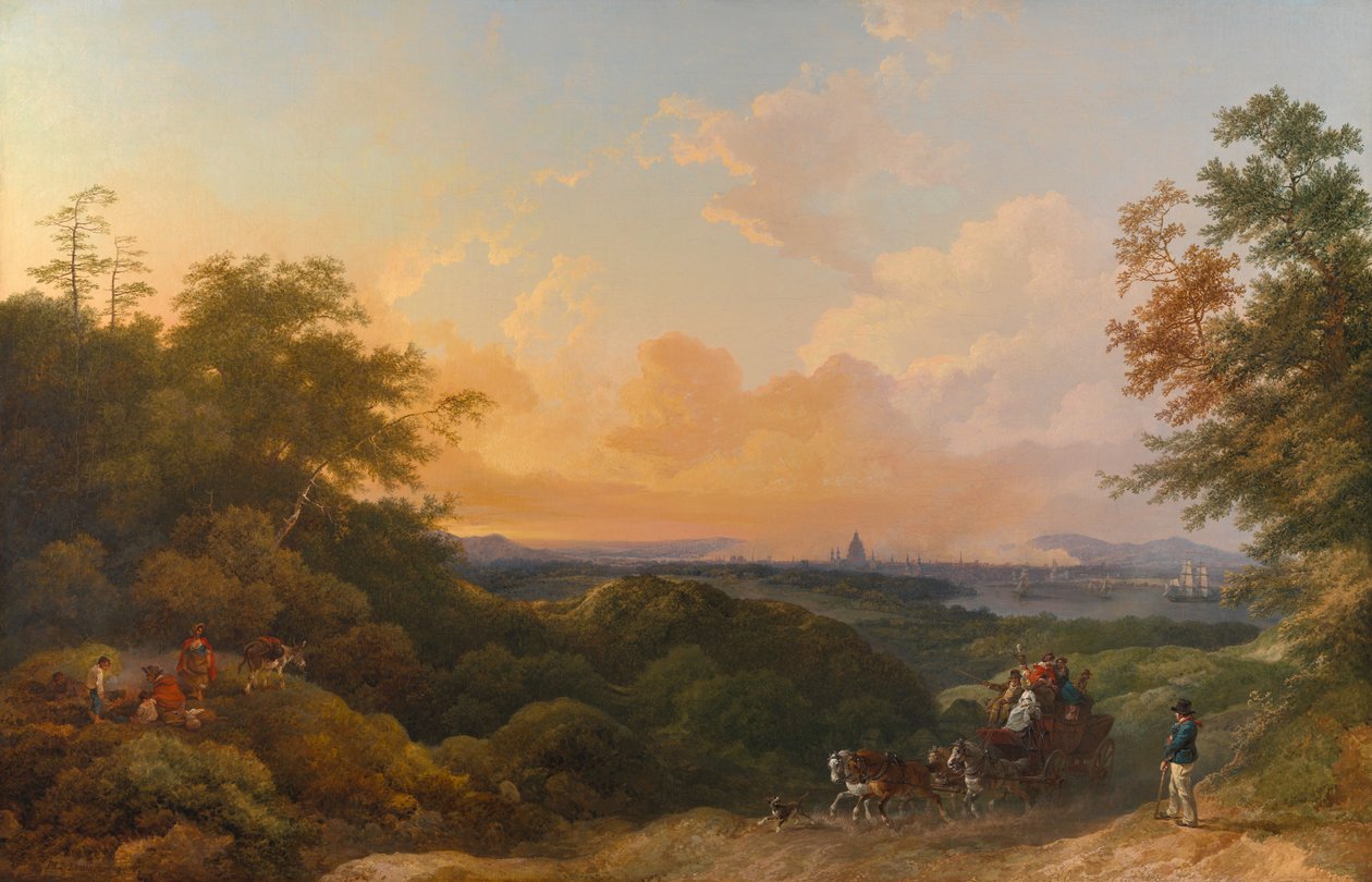 Die Abendkutsche, London in der Ferne von Philippe-Jacques de Loutherbourg