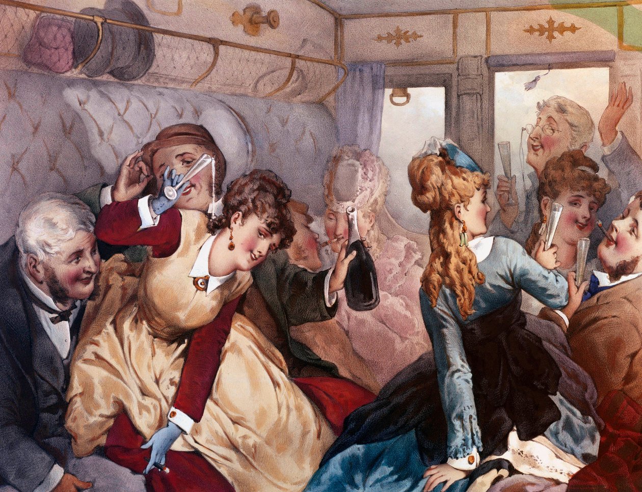 Der Vergnügungszug Eine Gruppe von Bürgern trinkt und unterhält sich in einem Wagen. Lithographie von Philippe Jacques Linder von Philippe Jacques Linder