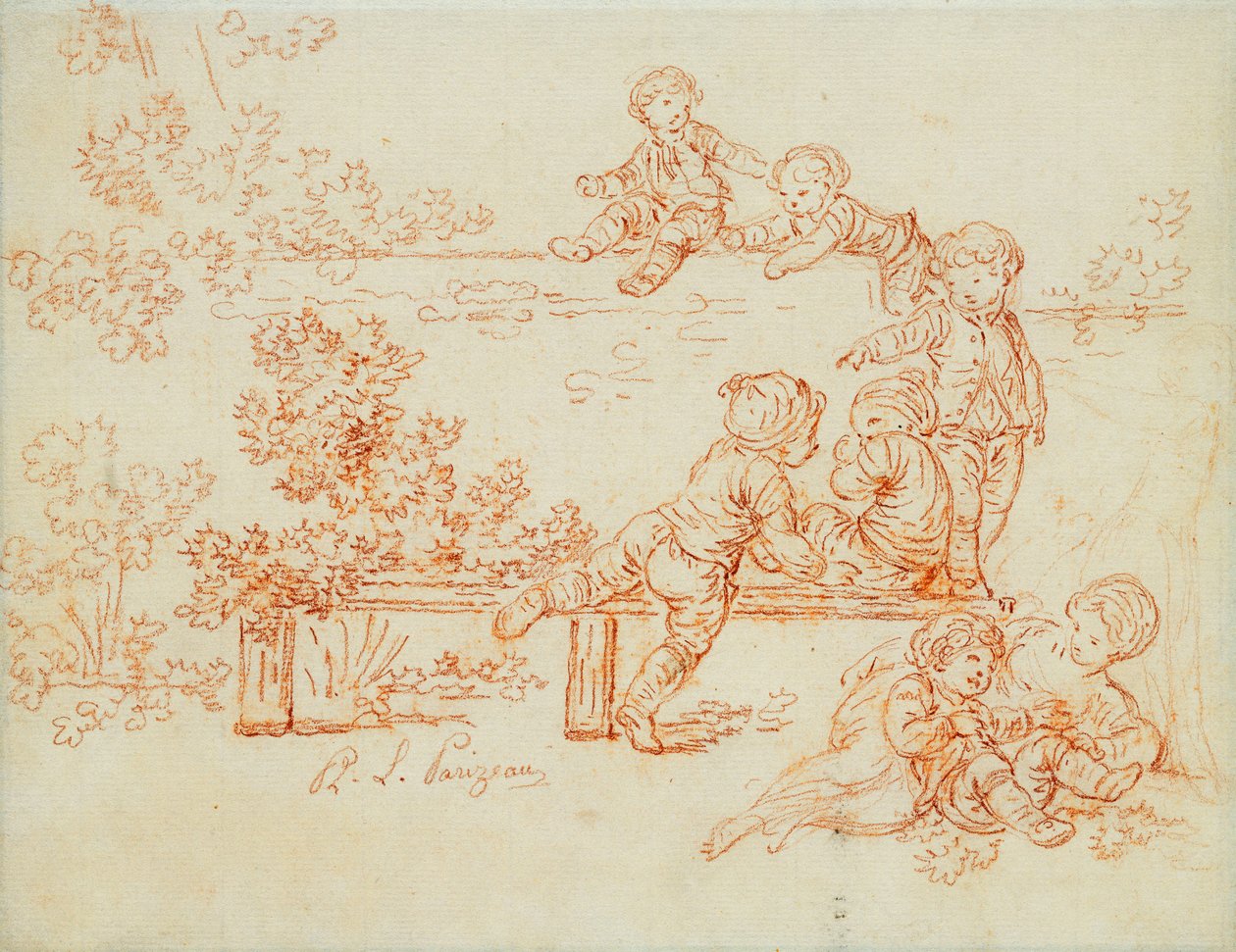 Kleine Jungen spielen und klettern eine Mauer hoch von Philippe Louis Parizeau