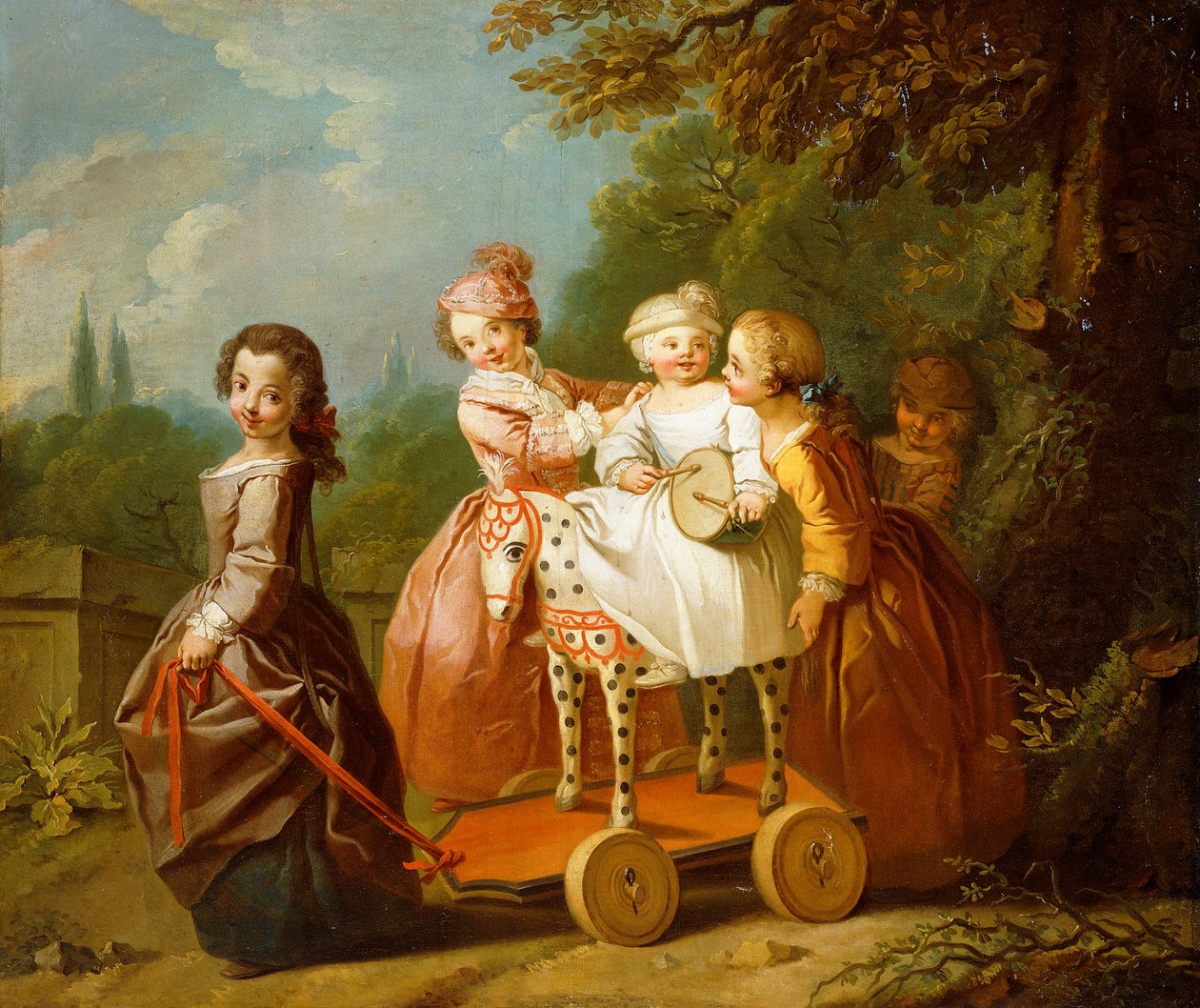 Ein kleiner Junge auf einem Steckenpferd, mit anderen Kindern, die in einem Garten spielen von Philippe Mercier