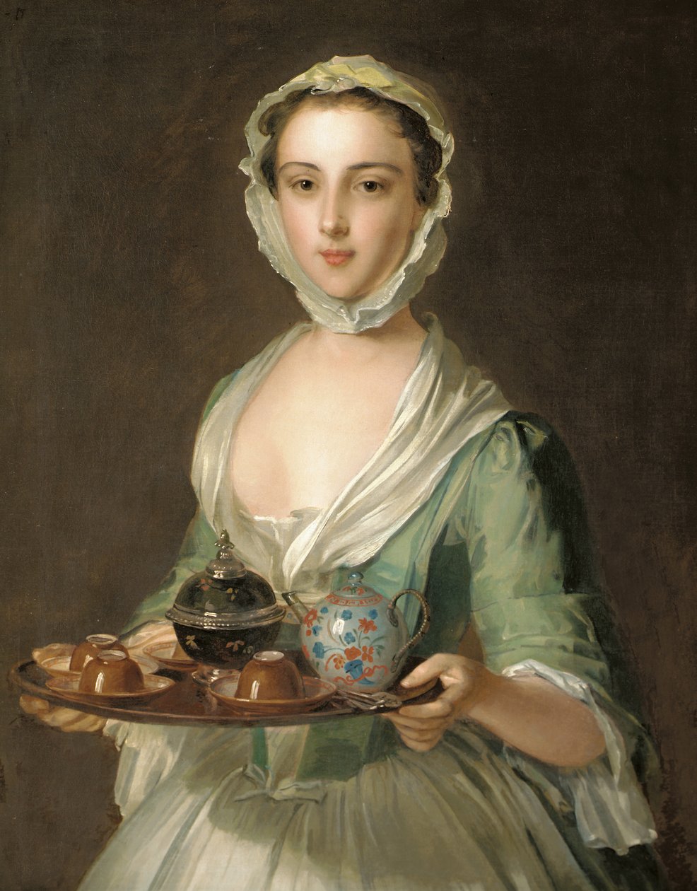 Porträt einer jungen Frau, möglicherweise Hannah, das Dienstmädchen des Künstlers, mit einem Teetablett von Philippe Mercier
