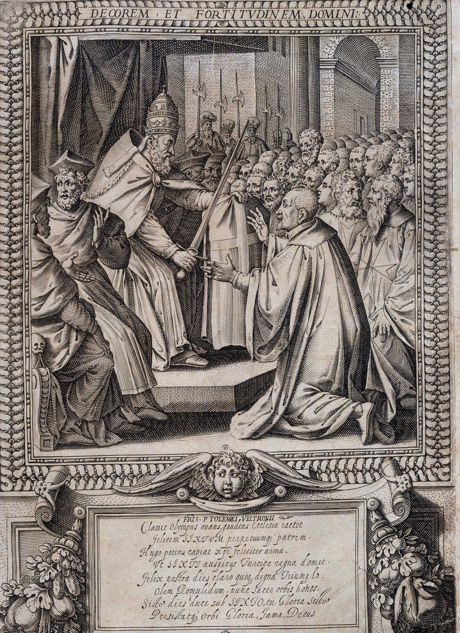 Tafel der Statuten des Ordens von Malta „Statuta Hospitalis Hervsalem“ (Erweichung eines Ritters durch einen Papst), von Philippe Thomassin, spätes 16. Jahrhundert von Philippe Thomassin