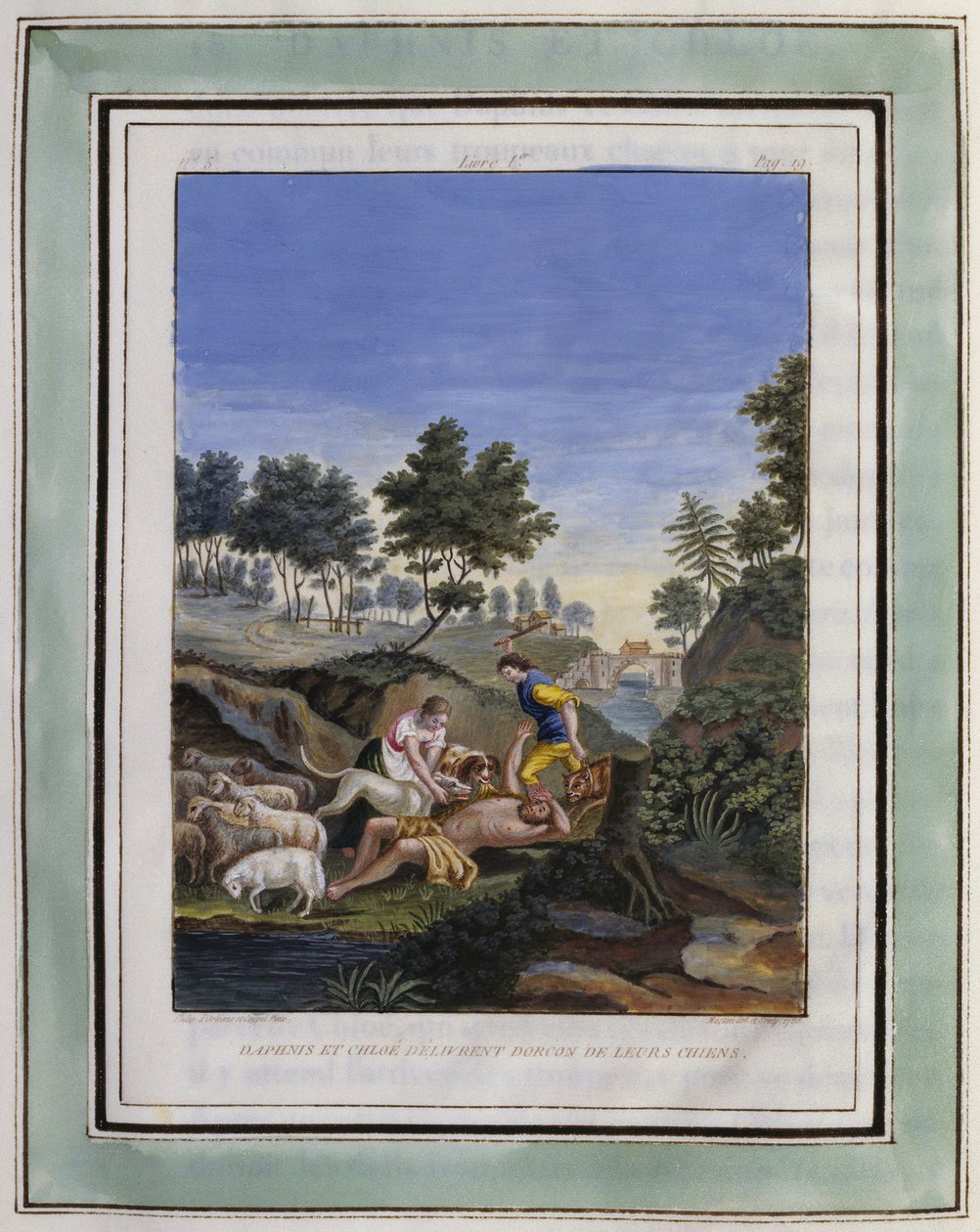 Daphnis und Chloe befreien Dorcon von ihren Hunden. Illustration aus Les Amours pastorales de Daphnis et Chloe, 1787 von Philippe d