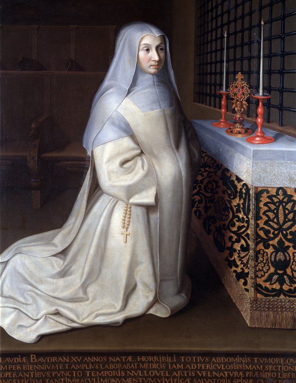Porträt von Claudia (Claude) Baudran, Insassin des Klosters Port Royal des Champs (Port-Royal-des-Champs), Gemälde zugeschrieben Philippe de Champaigne, Kirche von Linas, Seine und Oise - Öl auf Leinwand von Philippe de (attr. to) Champaigne