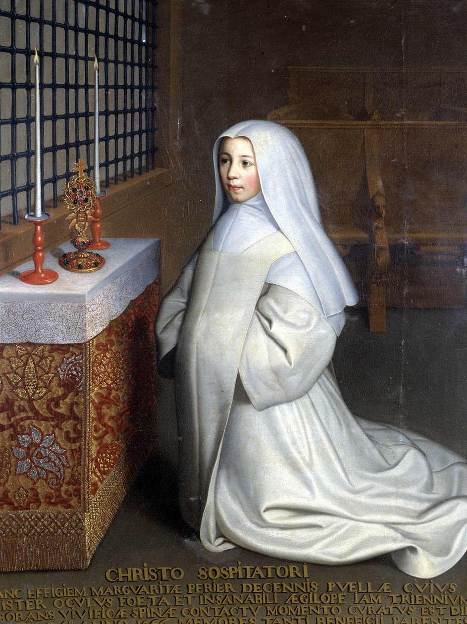 Porträt von Marguerite Périer, Insassin des Klosters Port Royal des Champs (Port-Royal-des-Champs) und Nichte von Pascal („Zu Christus dem Erlöser: Marguerite Périer, ein 10-jähriges Mädchen, dessen linkes Auge durch den Kontakt mit dem belebenden Dorn geh von Philippe de (attr. to) Champaigne