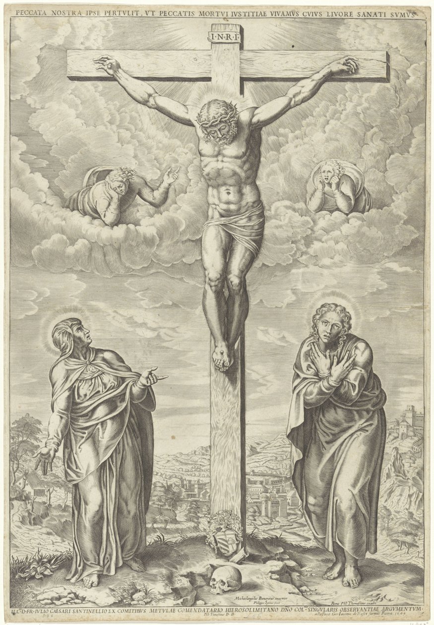 Christus am Kreuz flankiert von Maria und Johannes in einer Landschaft von Philippe de Soye