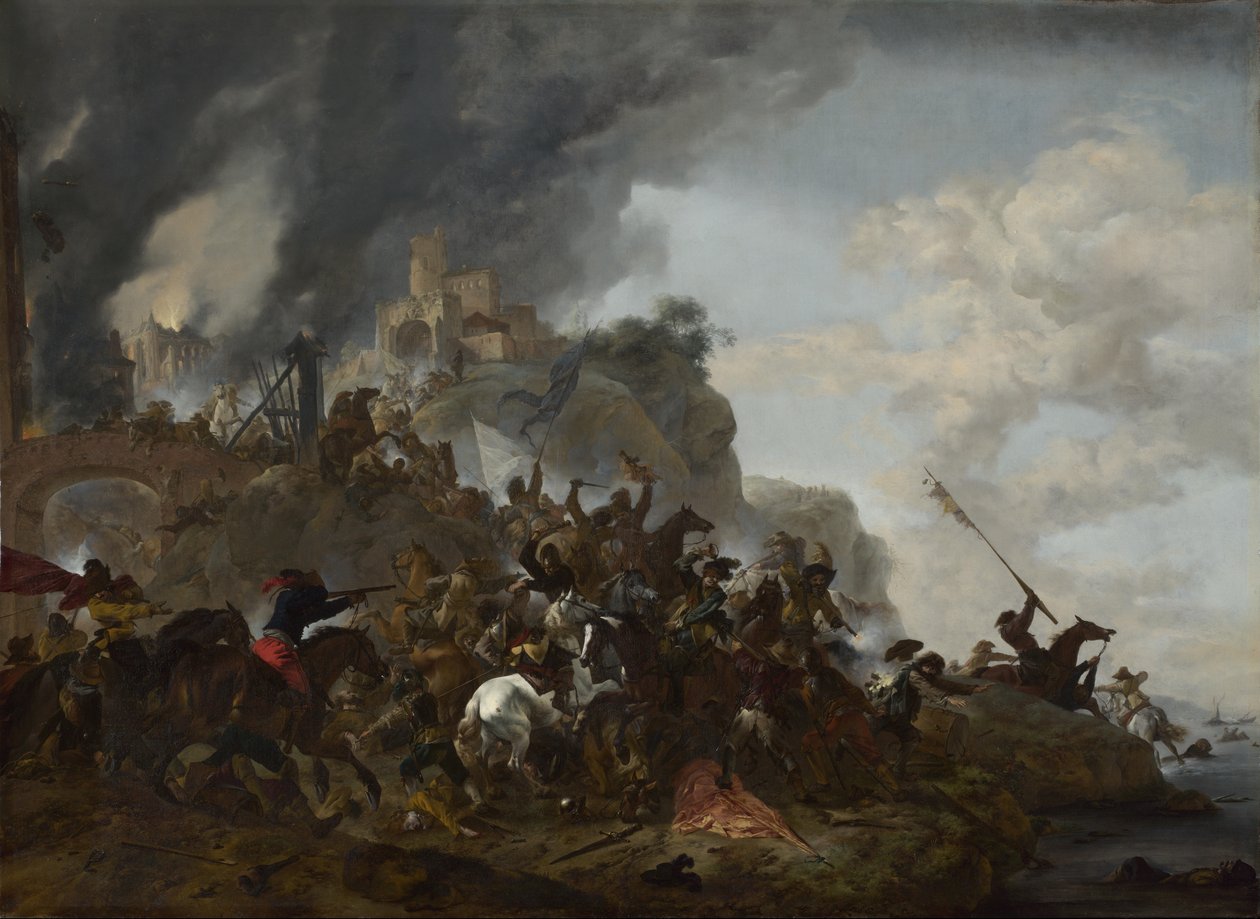 Kavallerie macht einen Ausfall aus einem Fort auf einem Hügel von Philips Wouwerman